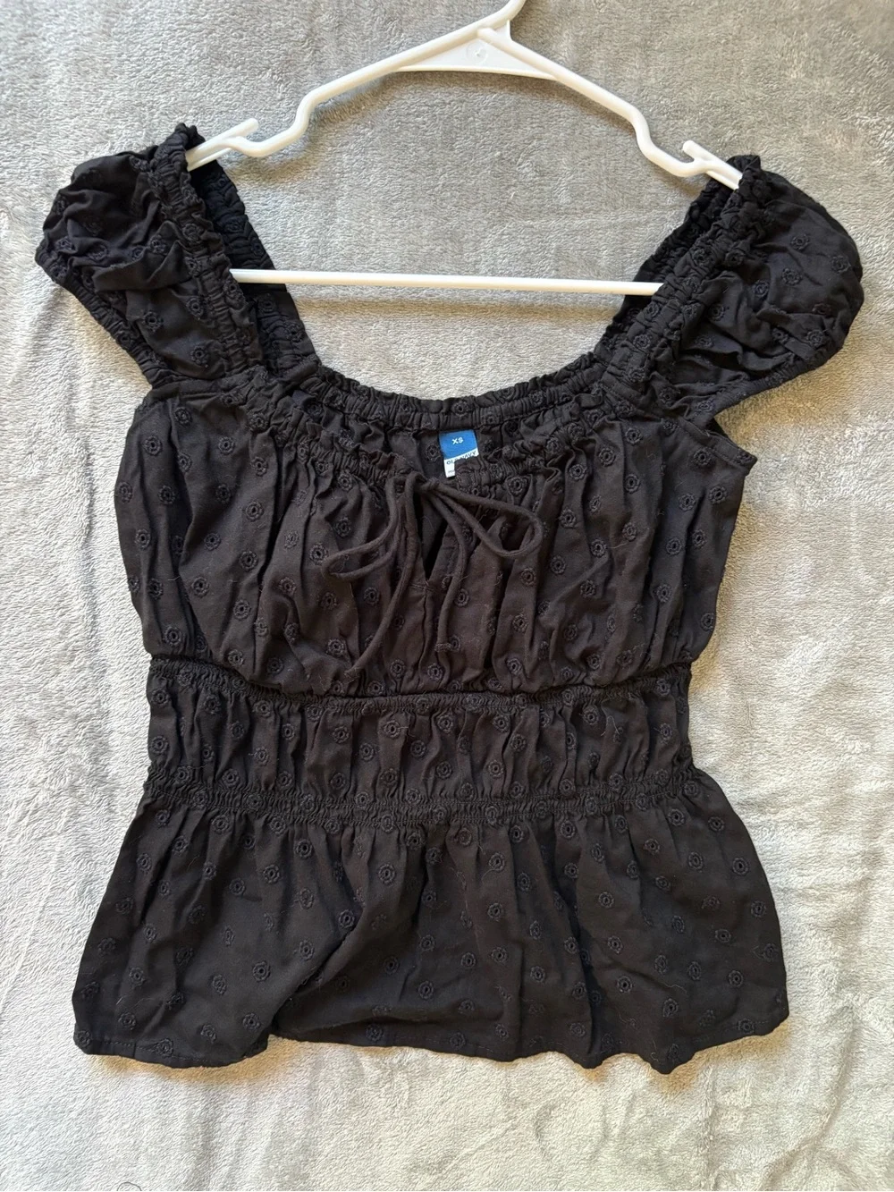 Old Navy Black Smocked Peplum Blouse with Puff Sleeves
